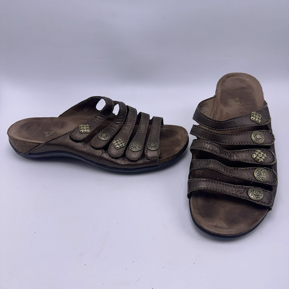 Dansko Sandals Womens Janie Slide 38 Bronze Cork Footbed Leather Strappy Comfort